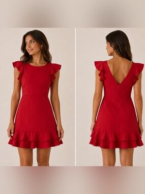 TCEC Red Ruffle Sleeve V-Back Mini Dress